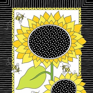 Floral Fabric, Sunflower Fabric, Sunflower Panel on a White Background, Sunflowers and Honey, Bee Fabric, by Andover Fabrics, 9985-KL