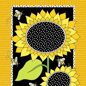 Floral Fabric, Sunflower Fabric, Sunflower Panel on a Black Background, Sunflowers and Honey, Bee Fabric, by Andover Fabrics, 9985-YK