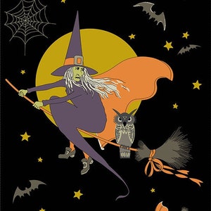 Halloween Fabric, Witch Panel, Halloween Panel, Witchypoo Fabric, Bat Fabric, Flying Witch Fabric, Renee Nanneman, by Andover, 253-K