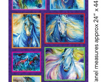 Painted Horse Tail Brights on Black By The yard x 43 inches cotton fabric