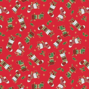 Christmas Fabric, Stocking Fabric, Merry Christmas, Gold Metallic Fabric, Winter Fabric, Stockings Red, Holly Fabric, by Andover, 2484-R