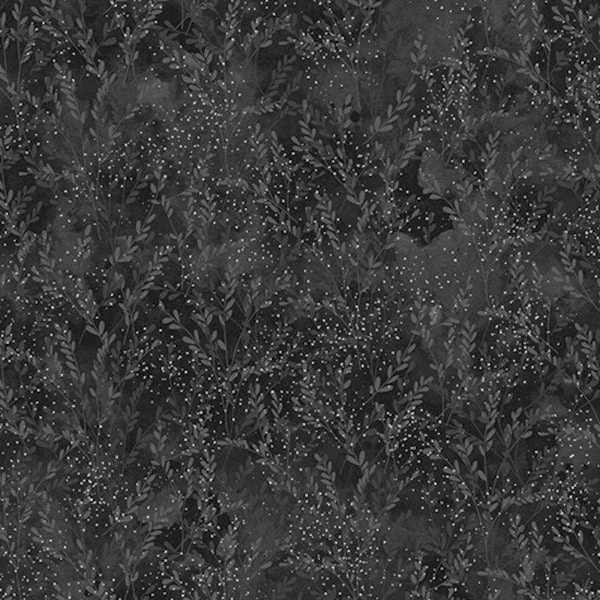 Leaf Fabric, Garden Blends, Charcoal and Silver Fabric, Metallic Silver Fabric, Foliage Fabric, by Hoffman California Fabrics, T4960-55S