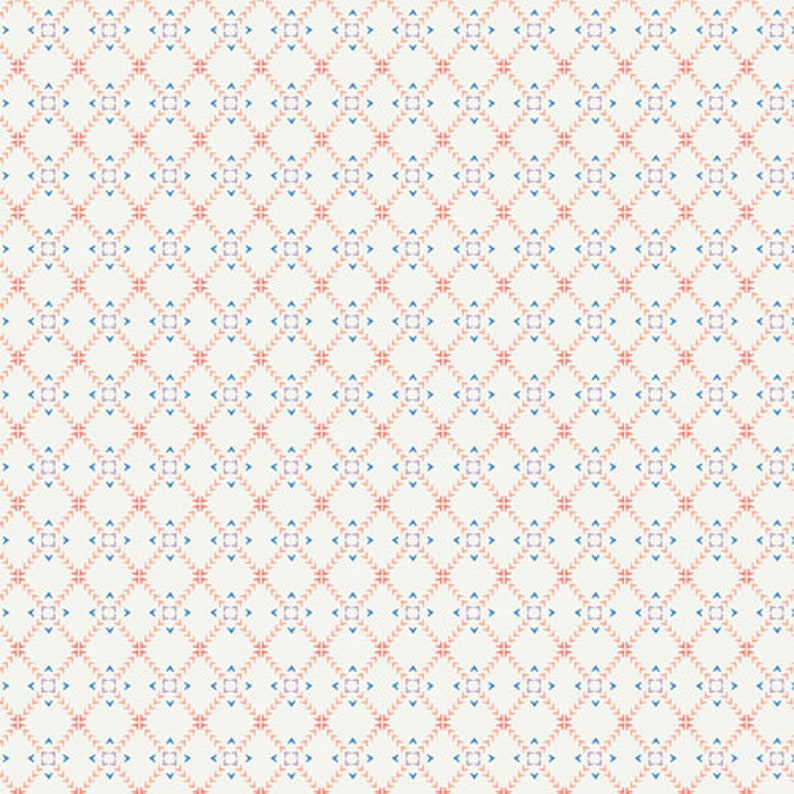 May include: A seamless pattern with a white background and a repeating geometric design. The design features small, red and blue triangles arranged in a diamond pattern.