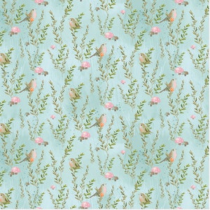 Floral Fabric, Bird Fabric, Daydreams, Robin Light Sky Fabric, Leaf Fabric, Mushroom Fabric, by Clothworks, Y3448-97