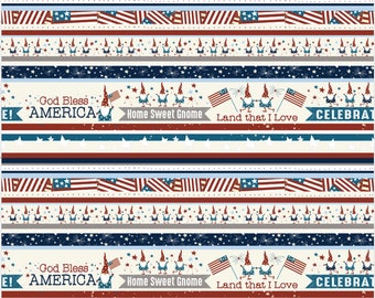 Gnome Parade, Flag Fabric, Border Stripe Fabric, Red White Blue Fabric, July 4th fabric, Memorial Day, Patriotic Fabric, Clothworks, 3498-55