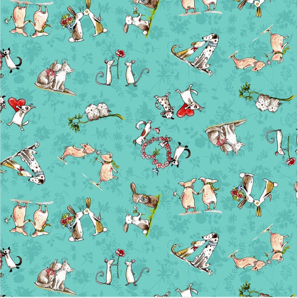 Animal Fabric, From the Heart, Valentines Fabric, Dog Fabric, Pet Fabric, Animal Friends on Turquoise, by Clothworks, Y3358-101