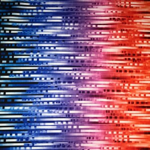 May include: Abstract fabric with a gradient of blue, purple, and red colors. The fabric has a horizontal stripe pattern with a pixelated effect.