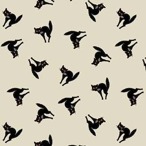 Halloween Fabric, Cat Fabric, Witchypoo Fabric, Black Cat Dawn, Black Cats on Cream Fabric, Renee Nanneman, by Andover, 255-L