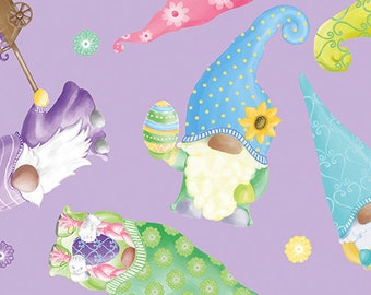 May include: A purple background with a pattern of gnomes holding Easter eggs. The gnomes are wearing colorful hats and have white beards. The gnomes are holding Easter eggs in their hands. The eggs are decorated with flowers and polka dots.