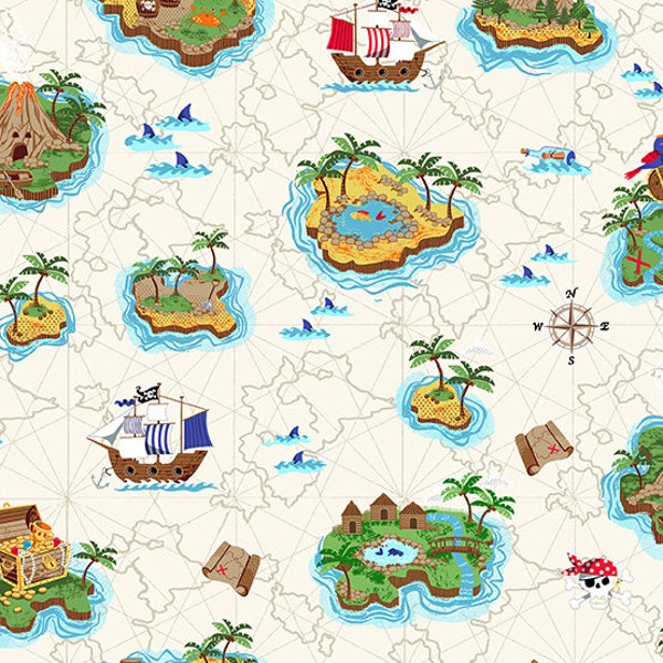 Tissu Pirate, Tissu Océan, Tissu Enfant, Pirates, Tissu Îles, Îles Crème, Tissu Navire, par Andover, 2430-Q