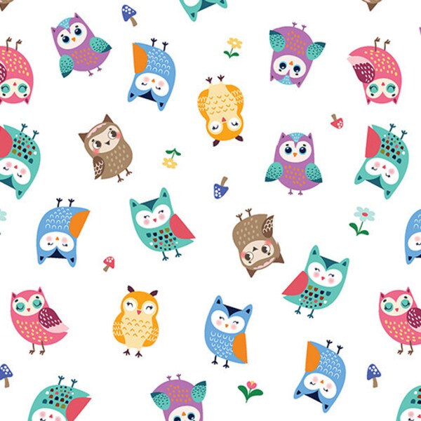 Owl Fabric, Floral Fabric, Happy Camper, Woodland Owls White, Nature Fabric, Camping Fabric, by Benartex, 12845-09