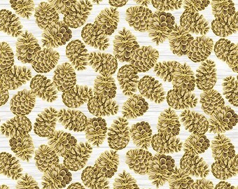Christmas Fabric, Home Sweet Home, Metallic Gold Fabric, Pine Cone Fabric, Winter Fabric, Hoffman California, T7756-6G