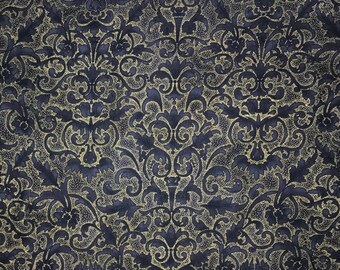Christmas Fabric, Swirl Fabric, Damask Fabric, Gold Black Fabric, Joyful Traditions, Metallic Gold Fabric, Hoffman California, T7752-4G