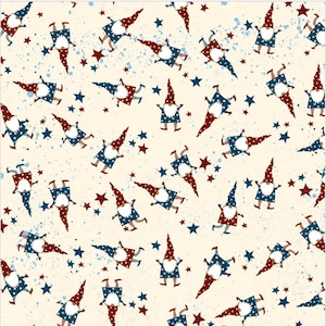 Desfile de gnomos, tecido de gnomos, tecido vermelho, branco e azul, tecido de 4 de julho, Memorial Day, tecido patriótico, tecido de estrelas, Andover, Y3500-58