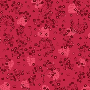 K&ouml;nnte beinhalten: Ein nahtloses Muster mit einem sich wiederholenden Design aus rosa Bl&auml;ttern und burgunderfarbenen Bl&uuml;ten auf rotem Hintergrund.