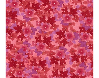 Painted Patchwork, Floral Fabric, Dark Coral Fabric, Pink Floral Fabric, Coral Violet Flowers, by Clothworks, Y3379-40