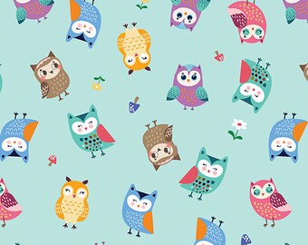 Owl Fabric, Floral Fabric, Happy Camper, Woodland Owls Light Aqua, Nature Fabric, Camping Fabric, Aqua Fabric, by Benartex, 12845-80