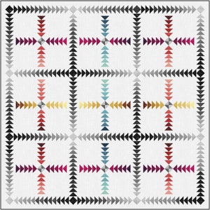 May include: A quilt pattern with a white background and a grid of black triangles. The triangles are arranged in a pattern that creates a series of concentric circles. The circles are filled with different colors, including red, orange, yellow, green, blue, indigo, and violet.