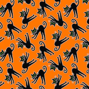 Halloween Fabric, Cat Fabric, Here We Glow, Glow in the Dark Halloween Fabric, Tossed Cats, Black Cat Fabric, by Henry Glass 9539G-39
