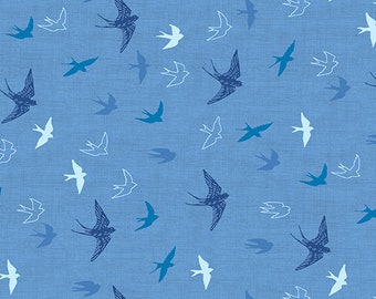 Hedgegrow Fabric, Bird Fabric, Swallow Fabric, Blue Swallows, Sky Fabric, by Andover, 2421-B