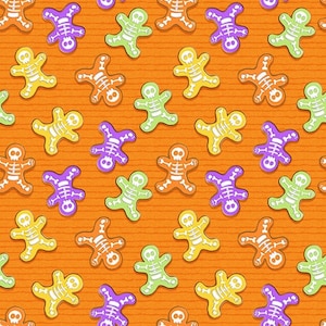 Halloween Fabric, Skeleton Fabric, Glow Ghosts, Glow in the Dark Halloween Fabric, Orange Fabric, by Henry Glass 9602G-33