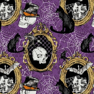 Halloween Fabric, Mystery Manor Fabric, Black Cat, Skulls on Purple Fabric, Antique Frames, Spiderweb Fabric, by Andover, 199-P