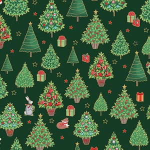 Christmas Fabric, Tree Fabric, Merry Christmas, Gold Metallic Fabric, Winter Fabric, Christmas Tree Fabric, by Andover, 2481-G