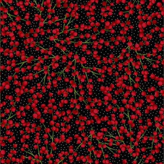 Christmas Fabric, Holiday Wishes, Gold Red Holly Berries Fabric, Holly Fabric, Red Berries All Over, Hoffman California, U7769-4G