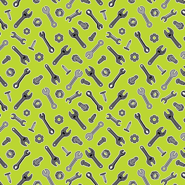 Tool Fabric, Construction Fabric, Tools Fabric, Lime Green, Construction Crew, Glowing Fabric, Glow in the Dark Fabric, Benartex, 9996GL-40