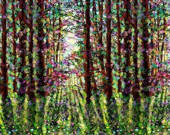 Forest Fabric, Into The Meadow Fabric, Floral Fabric, Hoffman Challenge Fabric, Meadow Fabric, Trees, by Hoffman, T4924-44 Forest