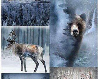 Wildlife Fabric Panel, Animal Fabric, Bear Fabric, Fall Fabric, Call of the Wild, Animal Collage, Hoffman California Fabrics, U5014 Frost