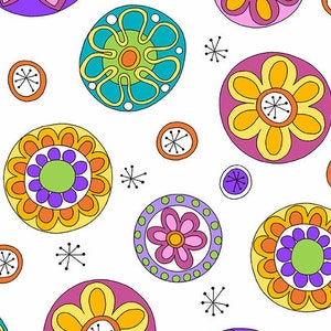 May include: A seamless pattern featuring colorful, stylized flowers with geometric designs. The flowers are in shades of yellow, orange, pink, purple, blue, and green. The background is white.