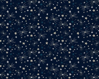 May include: A seamless pattern featuring white fireworks and stars on a dark blue background. The stars are in various shades of blue and yellow.