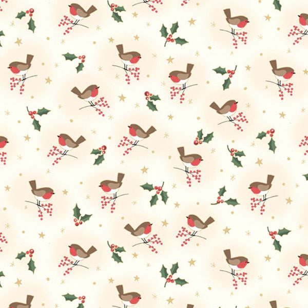 Christmas Fabric, Winter Fabric, Classic Foliage, Chickadee Fabric, Bird Fabric, Holly Fabric, Metallic Gold Fabric, Andover, 2376-Q