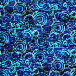 May include: Abstract digital pattern with overlapping blue and green circles and lines on a dark blue background.
