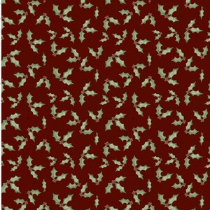 May include: Red fabric with a repeating pattern of green holly leaves and red berries.