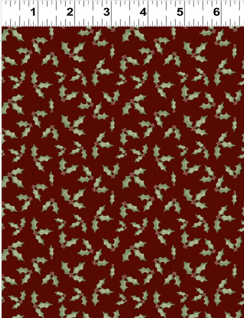 May include: Red fabric with a repeating pattern of green holly leaves and red berries.