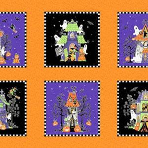 Halloween Fabric, Halloween Panel, Haunted House Fabric, Here We Glow, Glow in the Dark Halloween Fabric, Henry Glass 9544G-93