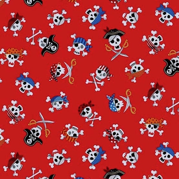 Pirate Fabric, Kids Fabric, Pirates, Skulls on Red, Sword Fabric, Skull Fabric, Cross Bones Fabric, by Andover, 2431-R