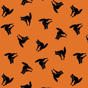 Halloween Fabric, Cat Fabric, Witchypoo Fabric, Black Cat, Black Cats on Orange Fabric, Renee Nanneman, by Andover, 255-O