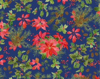 Christmas Fabric, Poinsettia Fabric, Winters Eve Fabric, Holly Fabric, Metallic Fabric, by Clothworks, Y3537-89M