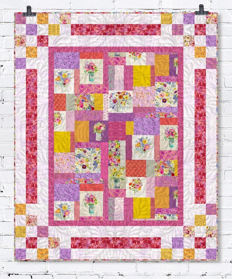 Painted Patchwork Floral Fabric Panel Patchwork Raspberry Etsy
