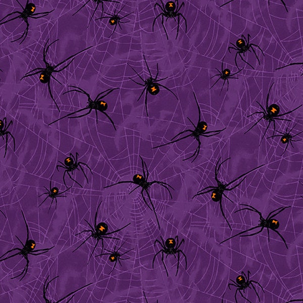 Halloween Fabric, Mystery Manor Fabric, Spider Fabric, Black Widow Fabric, Purple Fabric, Black Widows, by Andover, 200-P