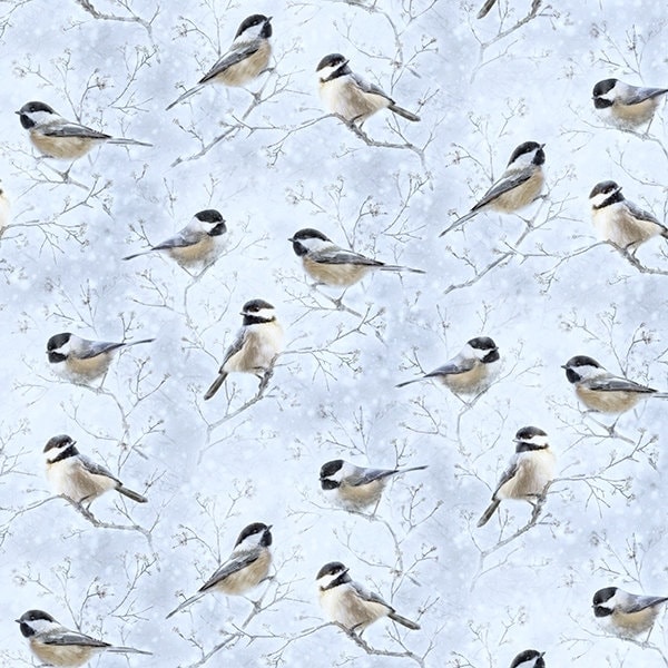 Christmas Fabric, Chickadee Fabric, Willow Fabric, Winters Wings, Frost Fabric, by Hoffman California, T4869-113