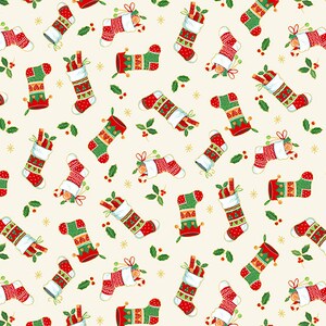 Christmas Fabric, Stocking Fabric, Merry Christmas, Gold Metallic Fabric, Winter Fabric, Stockings Cream, Holly Fabric, by Andover, 2484-Q