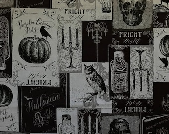 Halloween Fabric, Mystery Manor Fabric, Spooky Invites, Skulls Owls on Gray, Dust Fright Night, by Andover, 198-C