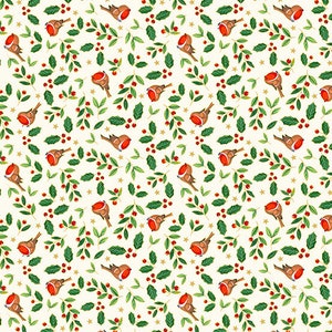 Christmas Fabric, Bird Fabric, Merry Christmas, Gold Metallic Fabric, Winter Fabric, Robin Cream, Holly Fabric, by Andover, 2485-Q