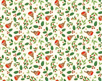 Christmas Fabric, Bird Fabric, Merry Christmas, Gold Metallic Fabric, Winter Fabric, Robin Cream, Holly Fabric, by Andover, 2485-Q