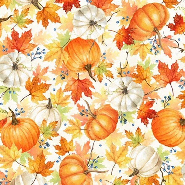 Pumpkin Fabric, Fall For Autumn, Maple Leaf Fabric, Fall Fabric, Autumn Fabric, Gold Metallic Fabric, Harvest Fabric, by Hoffman, U4985-116G