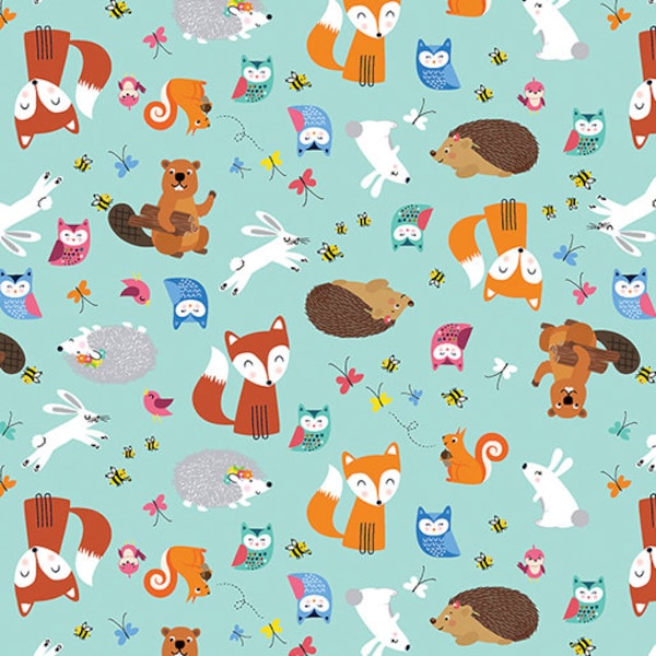 Animal Fabric, Floral Fabric, Happy Camper, Forest Friends Light Aqua, Nature Fabric, Fox Fabric, Camping Fabric, by Benartex, 12846-80